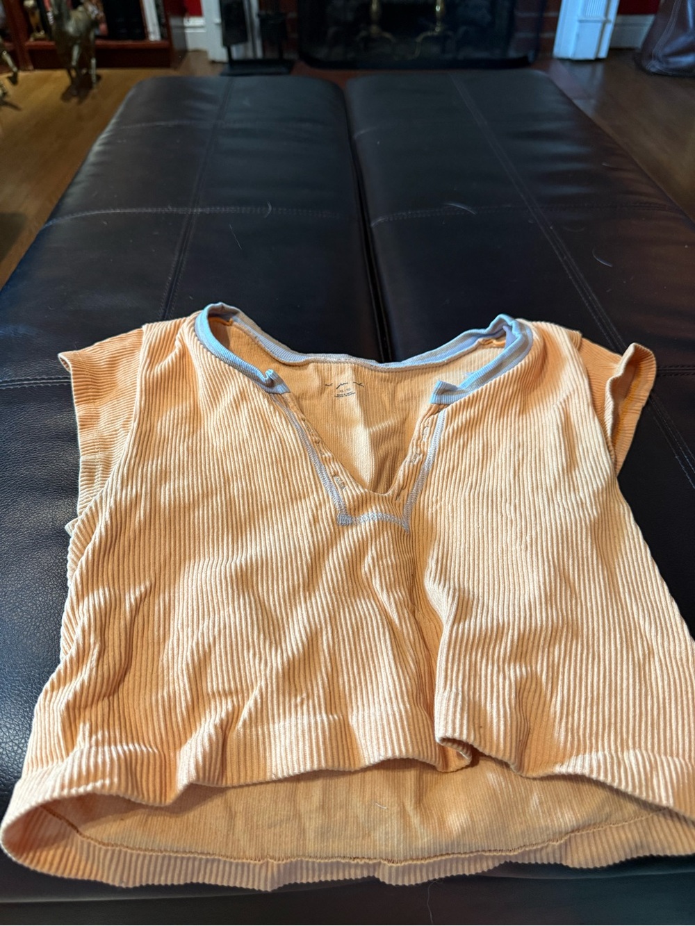 Urban Outfitters Peach Ribbed V-Neck Crop Top with Light Blue Trim
